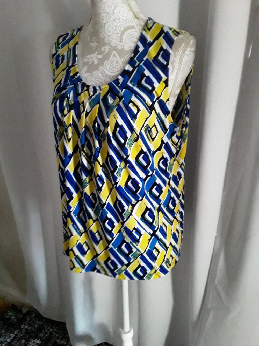 Kasper yellow and blue pleated neckline top size L